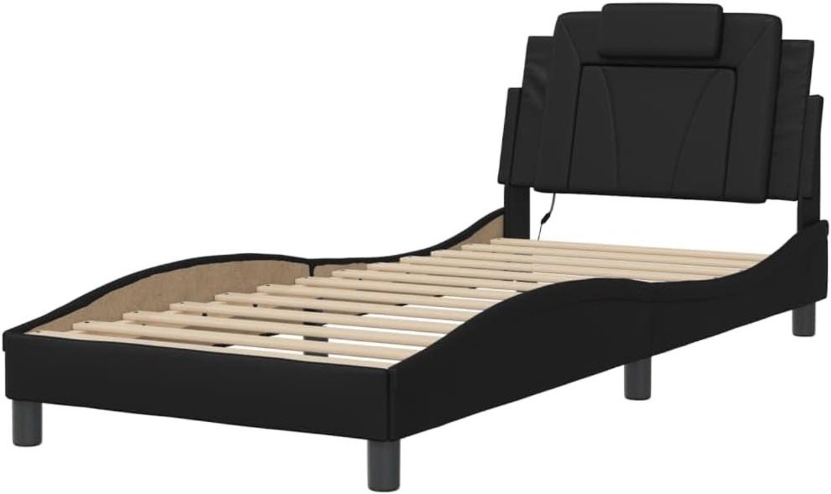 Bedframe met LED - Tweepersoonsbed Omouw - Slaapkamer Inrichten - Gewatteerd Hoofdbord - 80x200 cm - Zwart