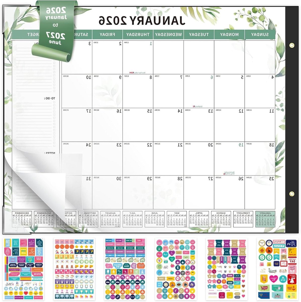 Bureaukalender 2026-2027 - Maandplanner Familiekalender - Planning en Organisatie - Inclusief Planningsstickers - 56 x 43 cm - Groen