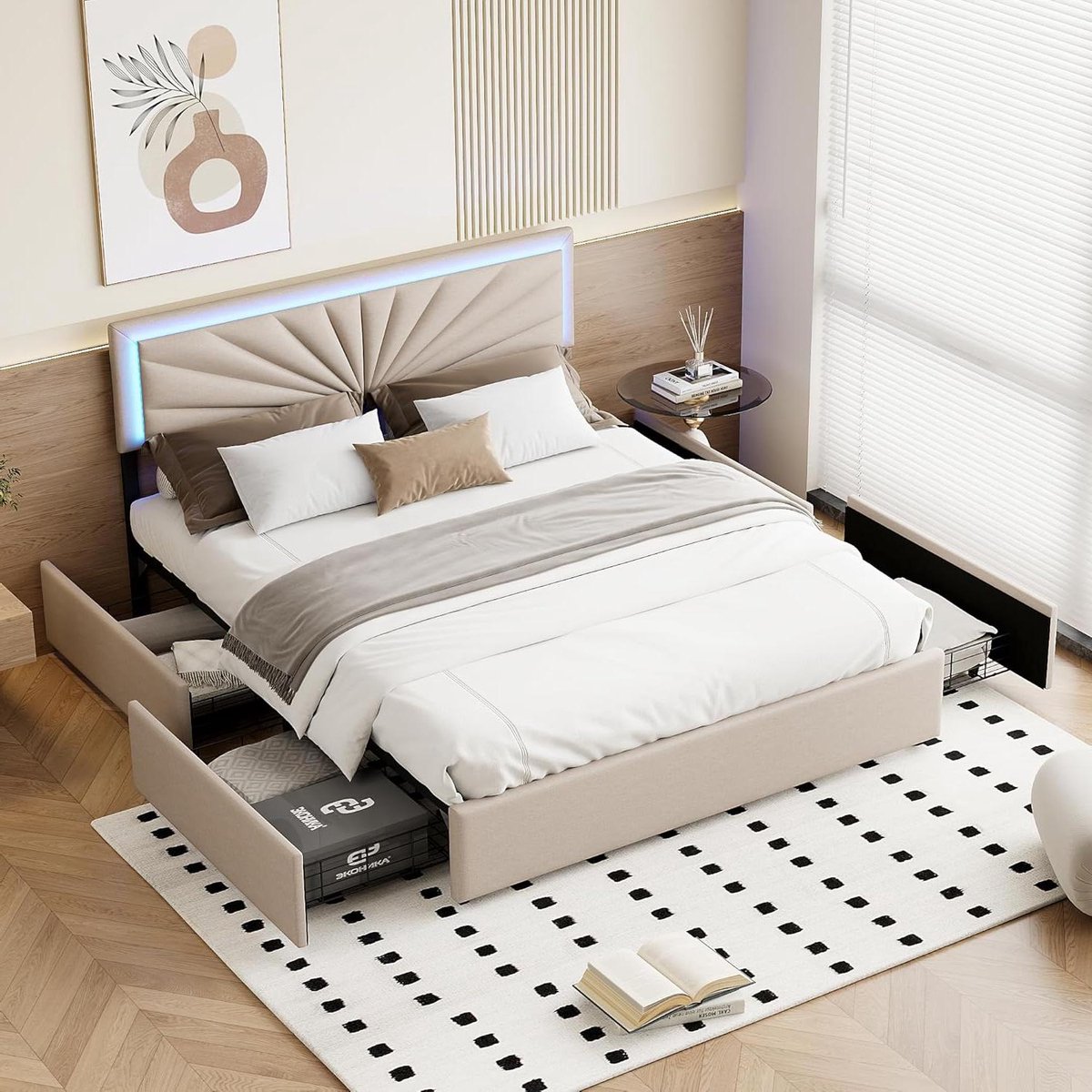 Bed met Lattenbodem - Boxbed Linnen - Opbergen en Ontspannen - Geïntegreerde RGB-strip - 1