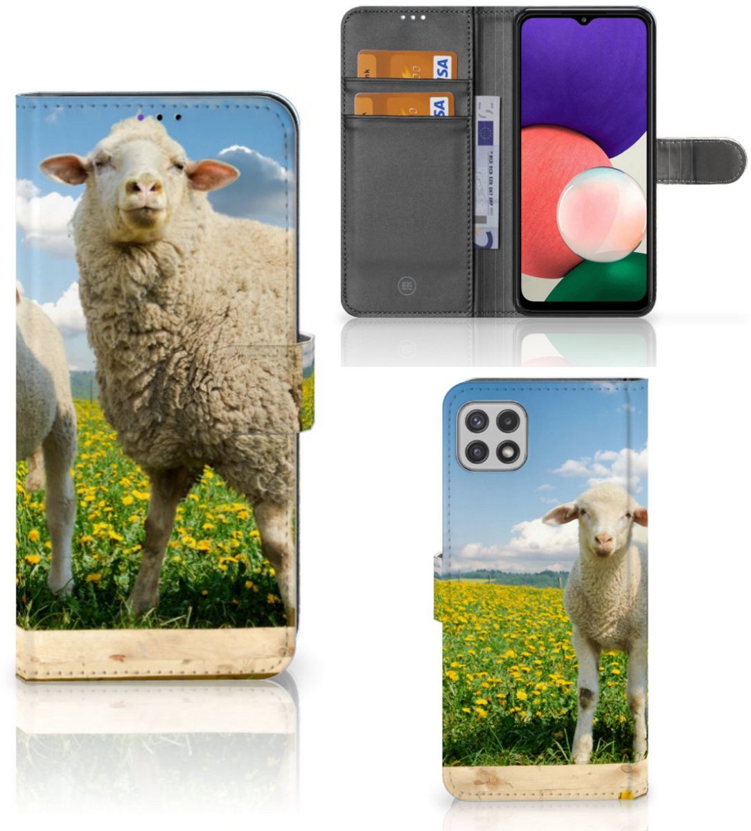 Samsung Galaxy A22 5G Telefoonhoesje met Pasjes Schaap en Lammetje