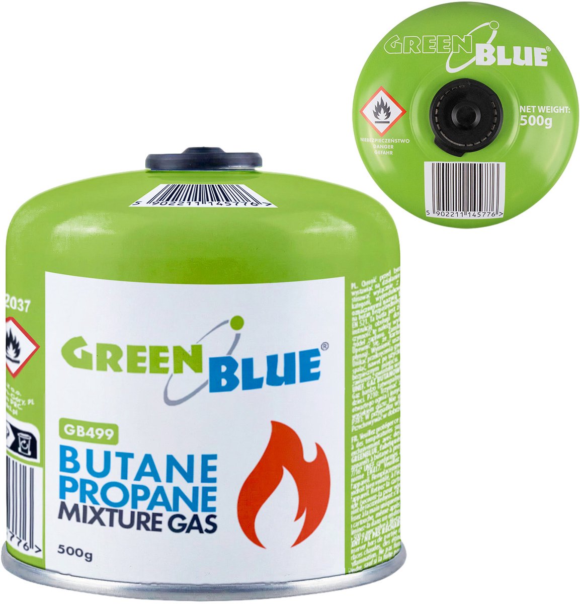 GreenBlue - Gaspatroon van 500 g - Gasfles - Certificaat: Pi 0437- voldoet aan EN 417v- butaan-propaan, temperatuurbereik -10 °C tot +40 °C, schroefdraadventiel 7/16'' GB499