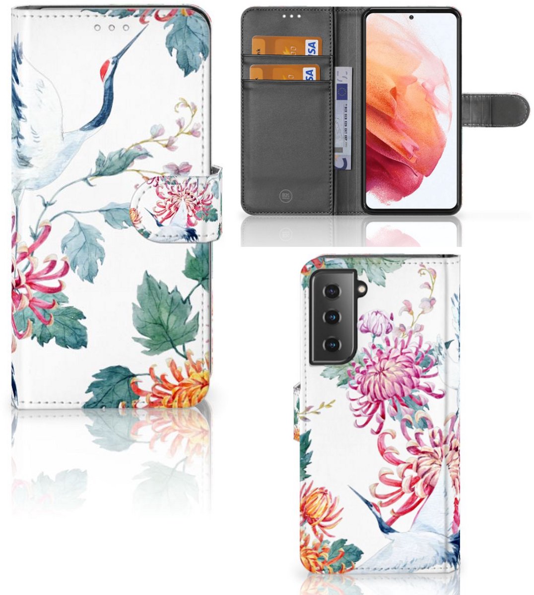 Samsung Galaxy S21 Telefoonhoesje met Pasjes Bird Flowers