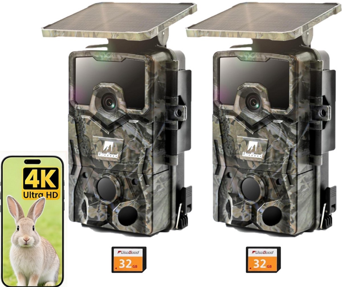 Usogood Wildcamera met Nachtzicht - 4K Ultra HD - Wildcamera met Zonnepaneel - Oplaadbare lithium-Accu - Bewegingsdetectie - Waterdicht - Incl. 32GB SD - 2 Stuks
