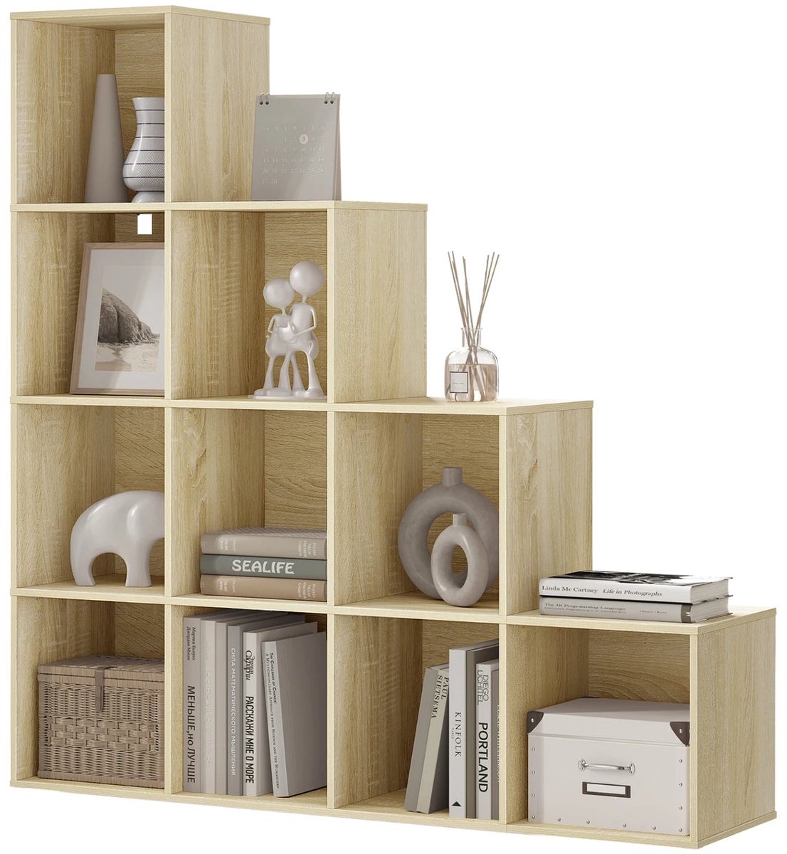 BukkitBow - Moderne Trapkast Boekenkast met 10 Open Vakken - L-Vormig Design - Licht Eiken