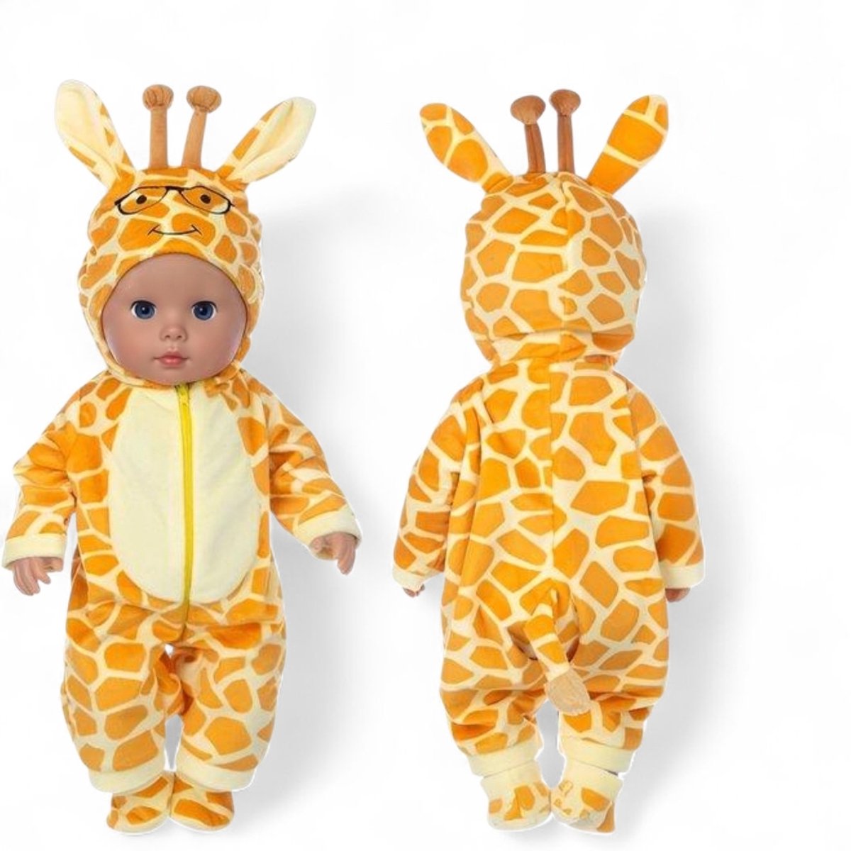 Poppenkleertjes voor babypop 43 cm - Gele giraffe onesie - In cadeauzakje - Poppenkleding set geschikt voor o.a. Baby Born pop