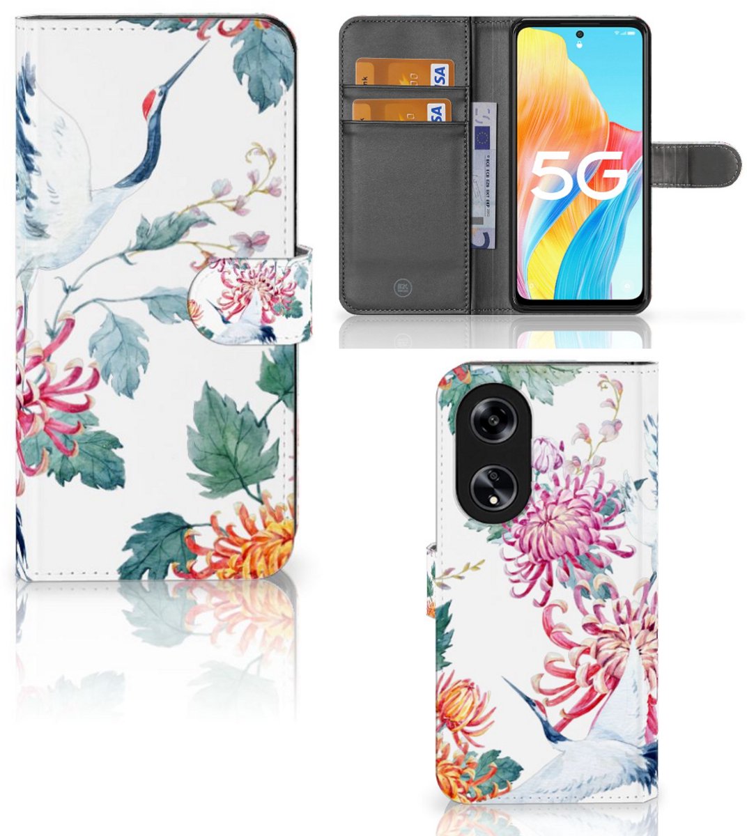 OPPO Reno8 T 5G Telefoonhoesje met Pasjes Bird Flowers