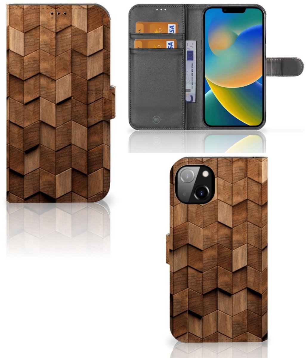 Book Style Case voor iPhone 14 Plus Wooden Cubes