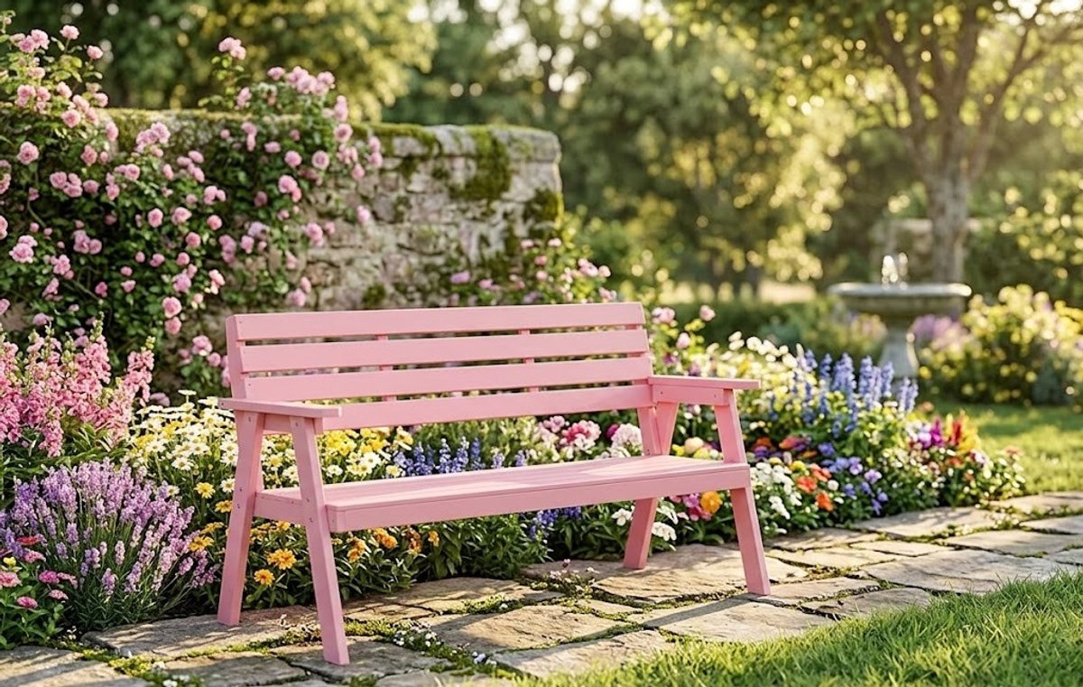 Luxe Comfort Tuinbank met Rugleuning en Armleuningen 120 cm – Ergonomische Houten Buitenbank in Roze – Weerbestendig en Robuust voor Tuin, Terras, Balkon en Veranda
