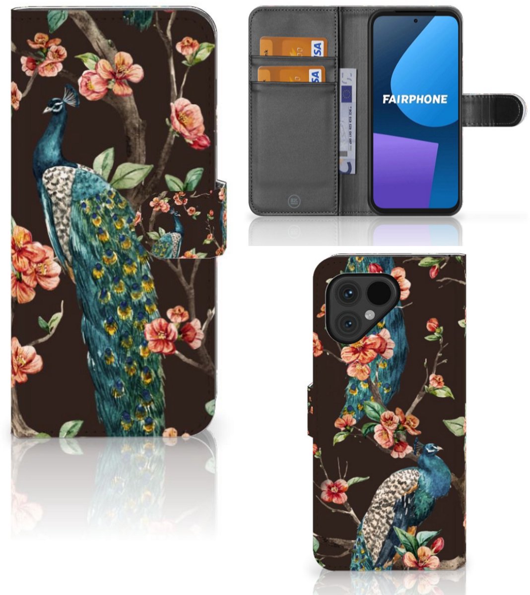 Fairphone 5 Telefoonhoesje met Pasjes Pauw met Bloemen