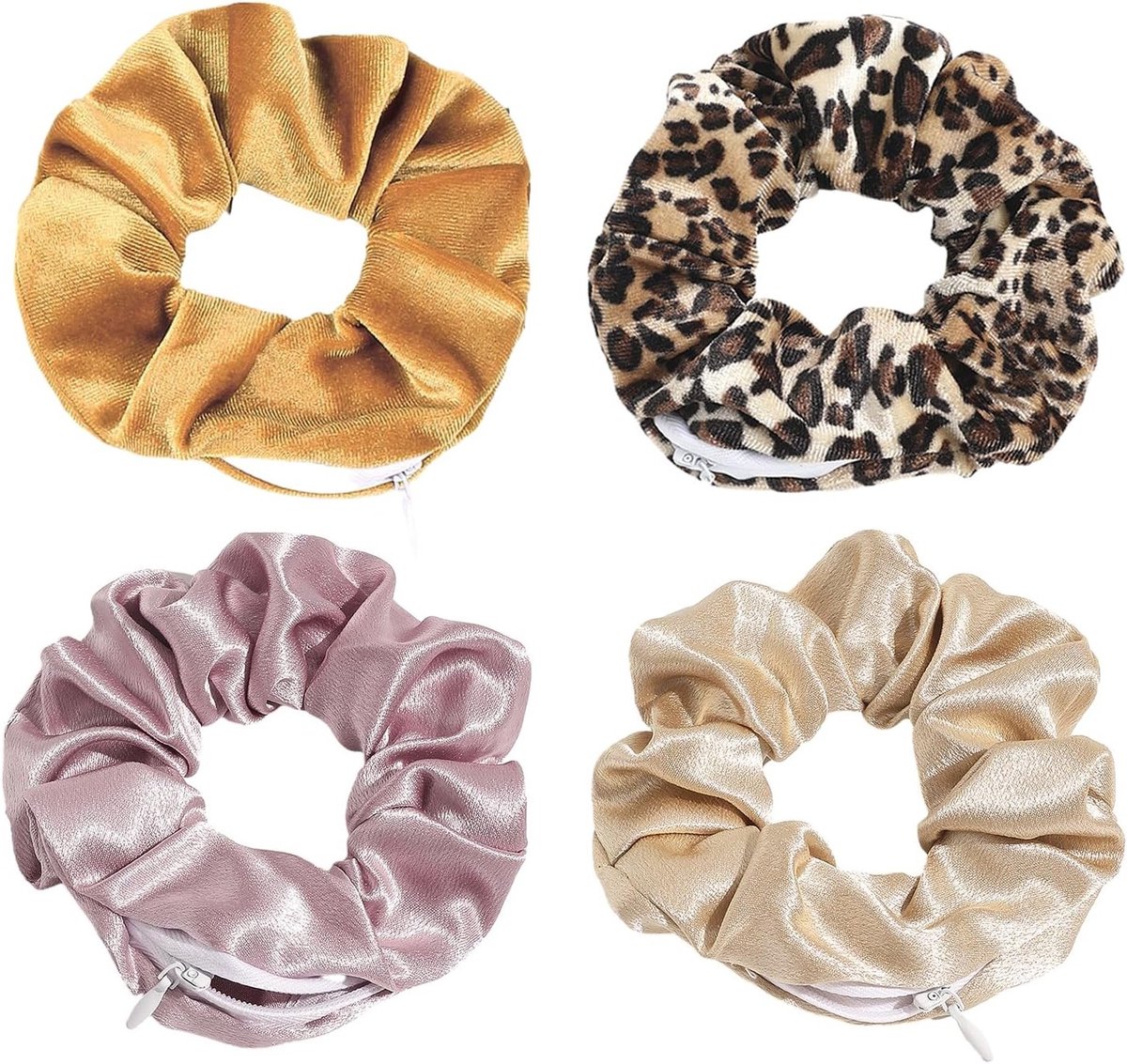 4-delige set met rits voor vrouwen, haarbandjes, flanellen haarbandjes en opbergbanden voor gadgets (12 cm) - Perfect voor haarstyling en organisatie