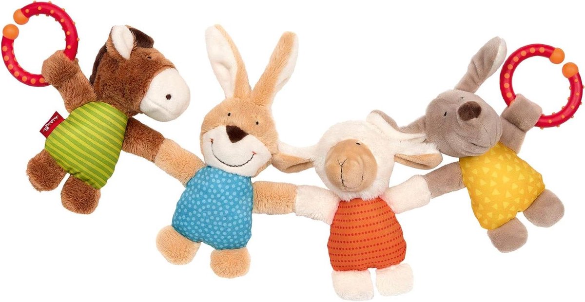 Kinderwagenketting Boerderij - Baby speelgoed Wagenhanger - Baby vermaken onderweg - Met rammelaar en diverse texturen - 42 cm - Multicolor
