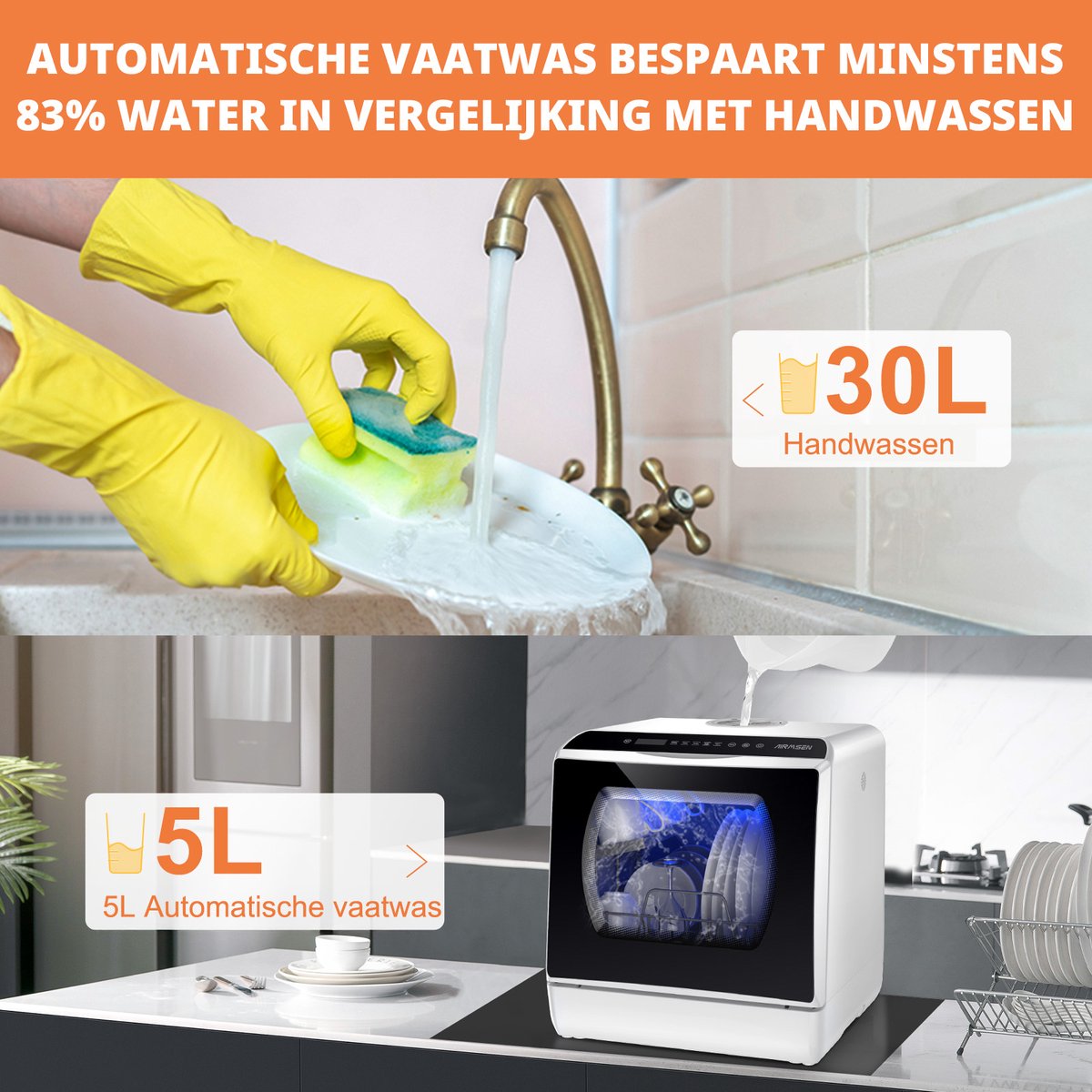 AIRMSEN Mini Vaatwasser - Vrijstaand - Watertank 5L - 5+1 Programma's - 4 Couverts - 42.5 cm - Zwart/Wit — afbeelding 6