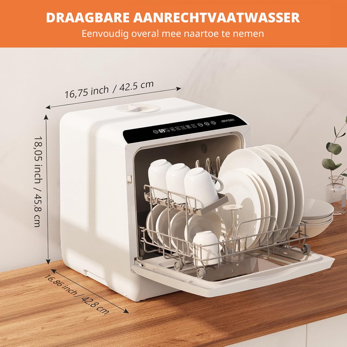 AIRMSEN Mini Vaatwasser - Vrijstaand - Watertank 5L - 5+1 Programma's - 4 Couverts - 42.5 cm - Zwart/Wit — afbeelding 5