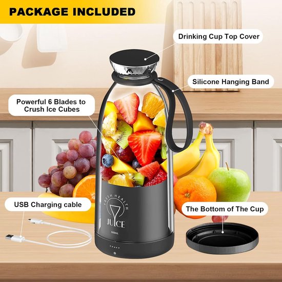 Sander Shop Draagbare Smoothiemaker To Go 500 ml - Oplaadbare Mixer met 6 Messen Roestvrij Staal, Fresh Juice Fles voor Babyvoeding, Sportschool, Reizen (zwart) van Merkloos — afbeelding 2