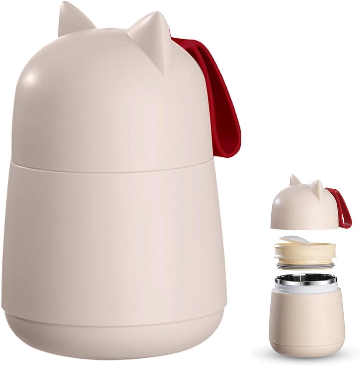 Cuhostki 1 Stuks Rvs Geïsoleerde Soepbeker Met Kattenoren - Beige - Rvs Binnenwerk - Warmtebehoud Voor School En Werk