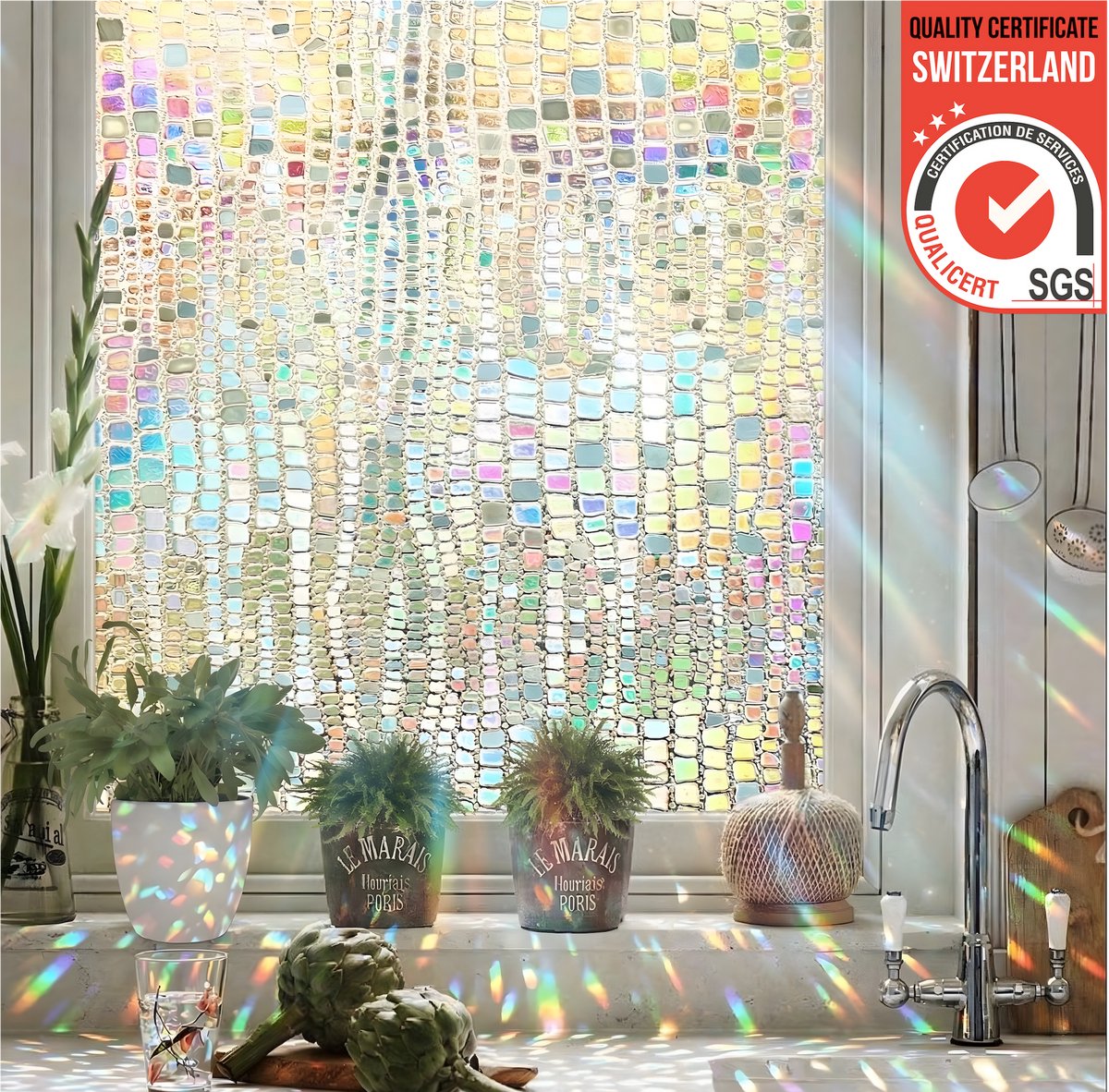 Homewell Raamfolie HR 70x300cm - Zonwerend & Isolerend - Statisch Zelfklevend - Regenboog Scherven