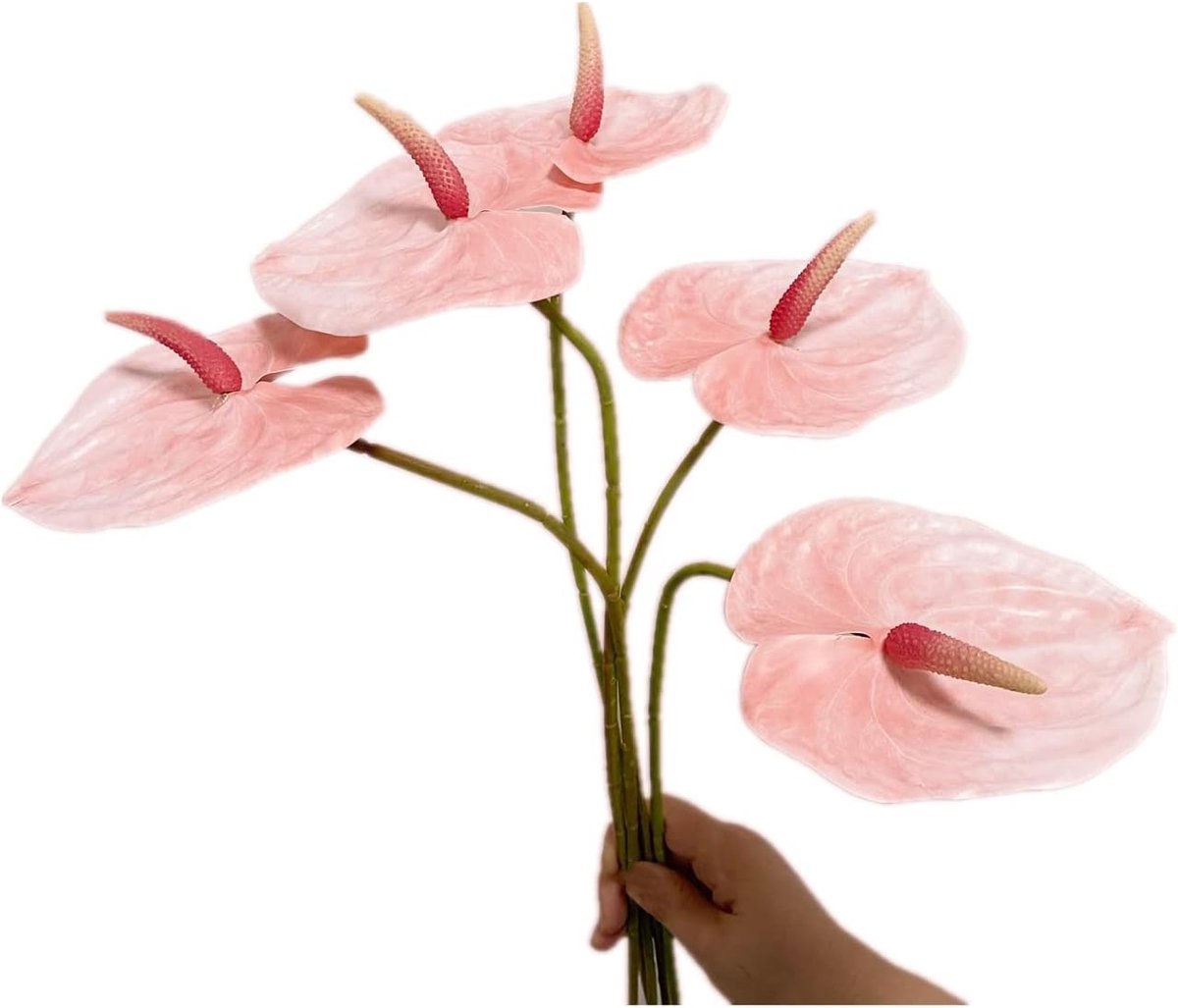 Kunstmatige Anthurium Lelies - 5 Stuks van 24 inch voor Thuisdecoratie, Bruiloften en Feestjes, Inclusief Groene Bladeren en Bloemaccessoires (Lichtroze)