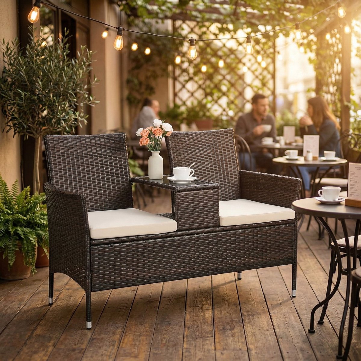 Tuinbank 2-zits met Tafel – - Bruin - – Polyrotan Balkonmeubelset Kussens – - Medahomestore