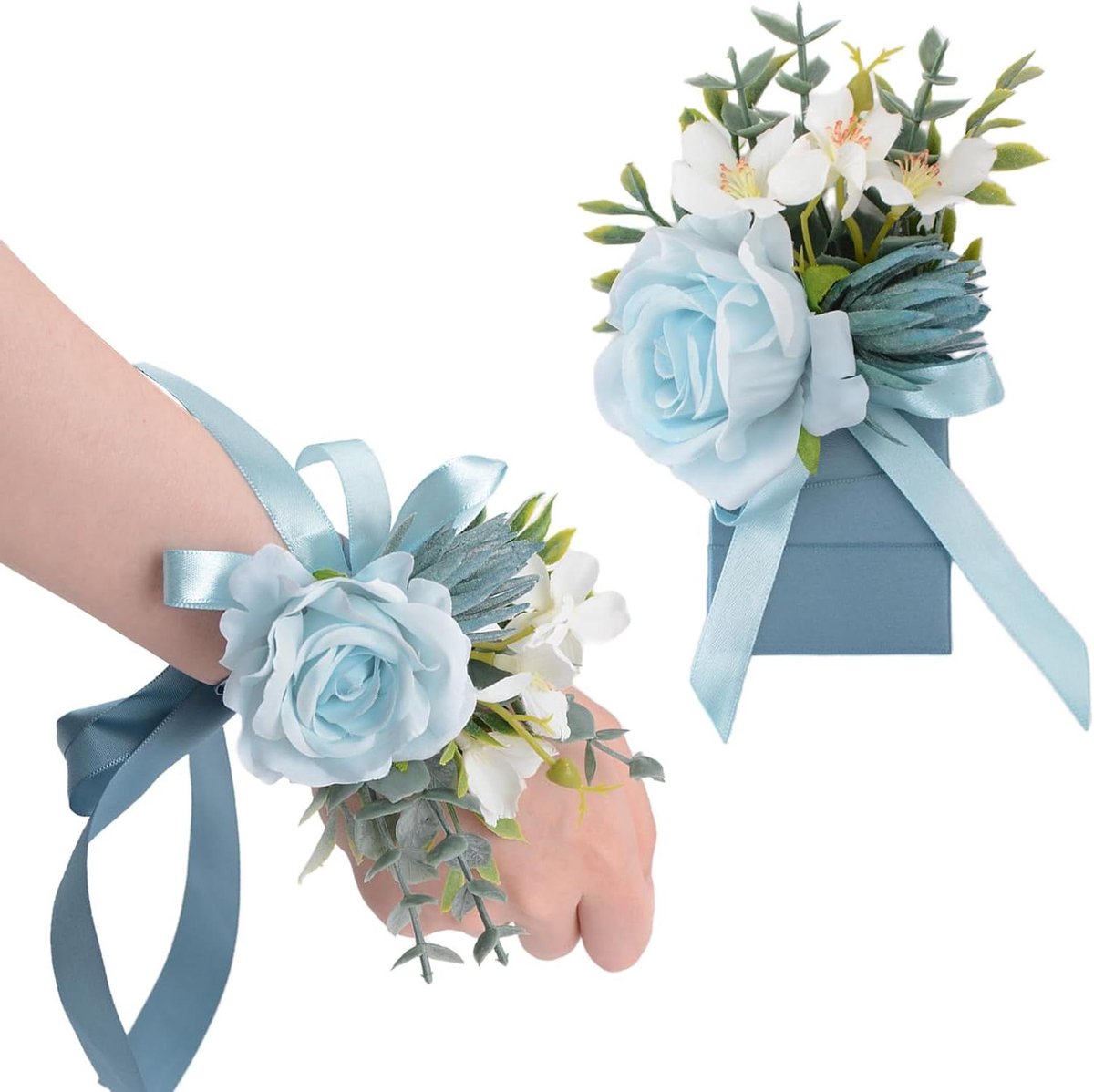 Pols Corsage Boutonniere Set - Bloemen Armband Set - Feestelijke Decoratie - Verstelbaar Lint Ontwerp - 14 x 9 cm