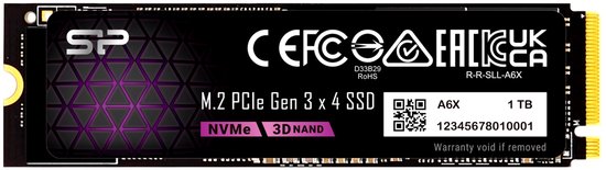 SP M.2 PCIe Gen 3 x4 NVMe SSD 1TB met paars geometrisch patroon en de tekst 'M.2 PCIe Gen 3 x4 SSD NVMe 3D NAND'.
