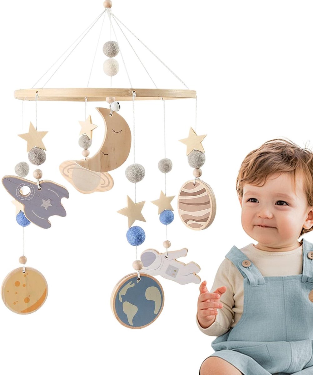 Baby Mobiel - Wieg Decoratie - Babykamer Stimulatie - 360 Graden Draaibaar - 51x24cm - Houtkleur