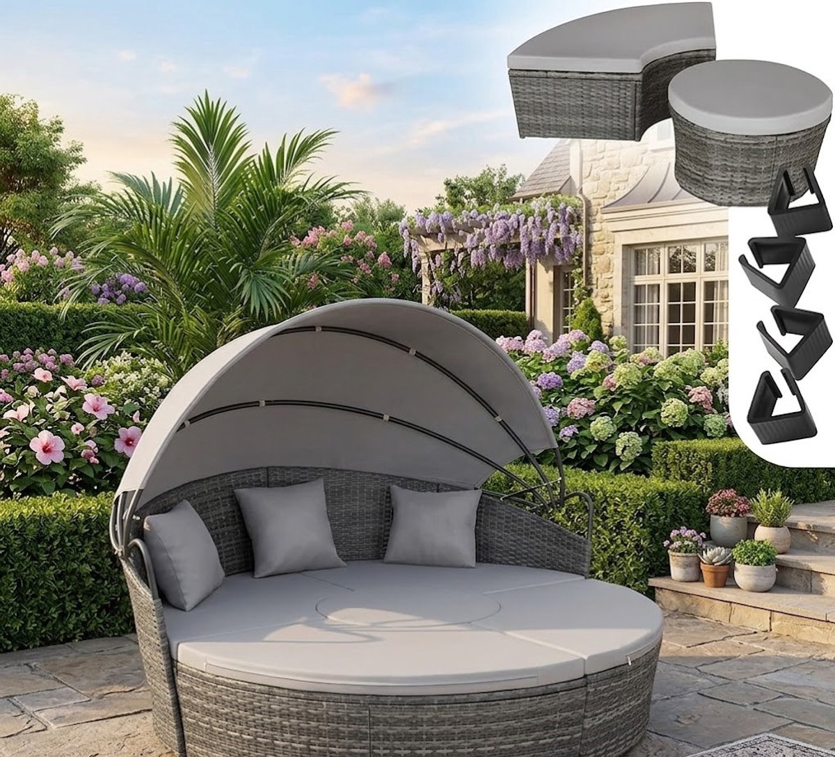Luxe Rattan Lounge Eiland met Zonnedak 175x171x136 cm – Multifunctionele 2-4 Persoons Tuin Lounger & Relax Bed – Weerbestendige Outdoor Lounge Set Grijs