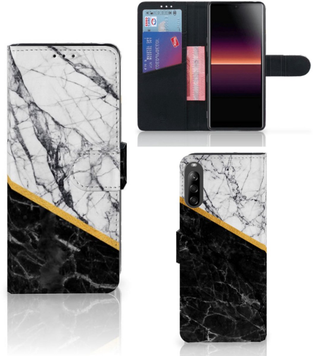 Sony Xperia L4 Bookcase Marmer Wit Zwart - Origineel Cadeau Man