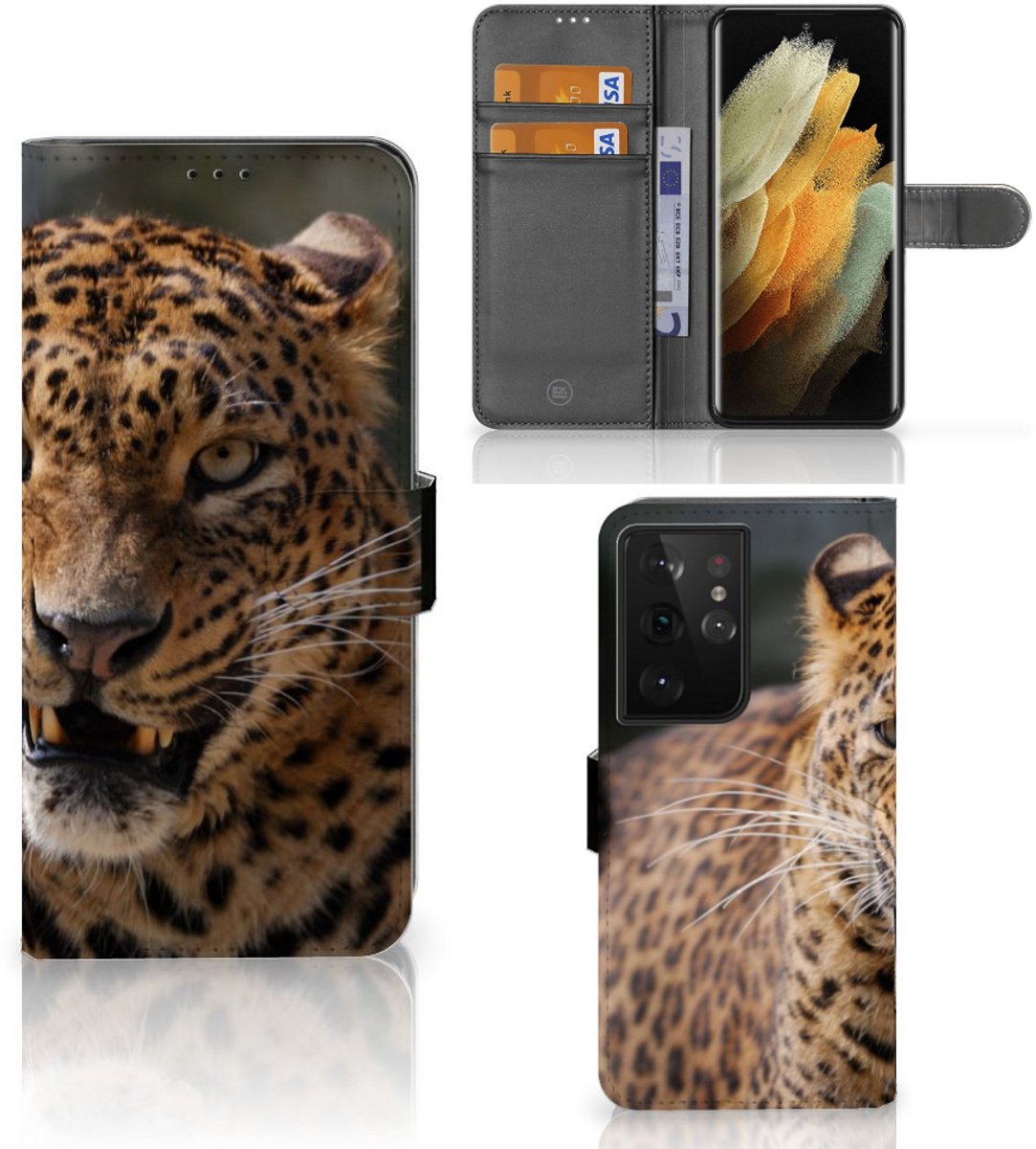 Boekhoesje voor Samsung Galaxy S21 Ultra Telefoonhoesje met Pasjes Luipaard