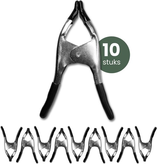 Tien metalen zeilklemmen met zwarte handvatten, 10 stuks.