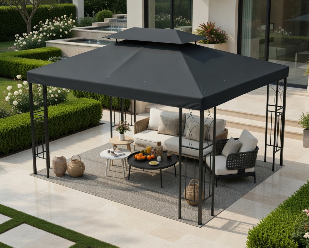 Vervangend Paviljoendak 3x4m Waterdicht Polyester Dubbel Dak UV-Bescherming Tuinpaviljoen Partytent Grijs – MedaHomeStore