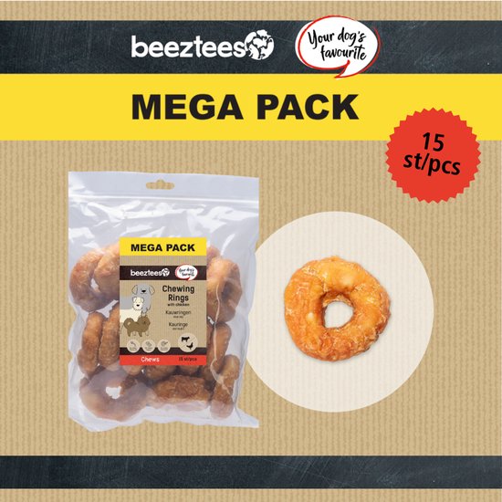 Beeztees Kauwringen met kip, mega pack. Zak met 15 stuks en een losse kauwring.