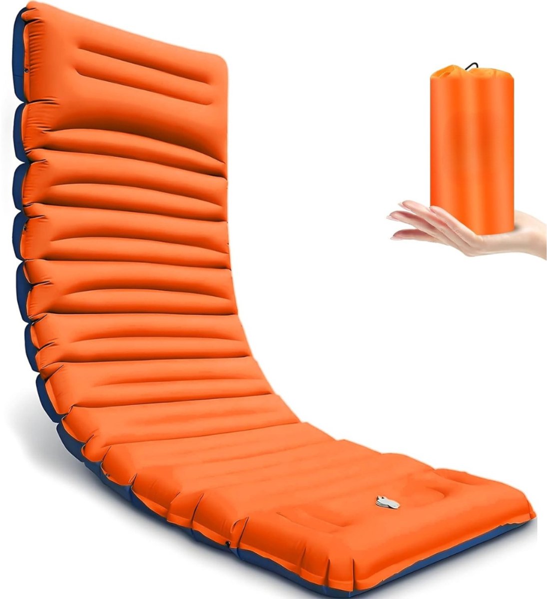 Camping Matras met Kussen en Voetpomp - Enkel - Opvouwbaar Matras - Vouwmatras - Camping Matje - Slaapmat - Logeer Matras - Luchtmatras - Kampeer Matras - Camping Bedje - Nylon/TPU - Tot 181 kg - 200 x 70 x 10 cm - Oranje/Blauw - van Imperatoris