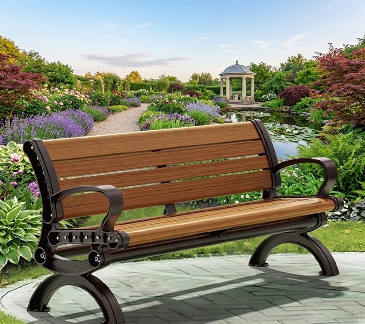Luxe Weerbestendige Tuinbank met Rugleuning 150 cm – Houten & Metalen Parkbank voor 2 Personen, Comfortabele Outdoor Zitbank voor Tuin, Balkon en Terras – 150 cm – Casa Dorada