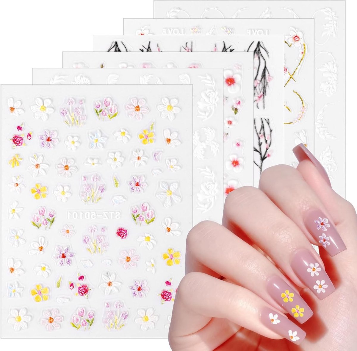 Bloemen Nagel Art Stickers - 6 Stuks Zelfklevende Decoratie Accessoires voor Manicure, Lente en Zomer Nagels, Perfect voor Vrouwen en Meisjes