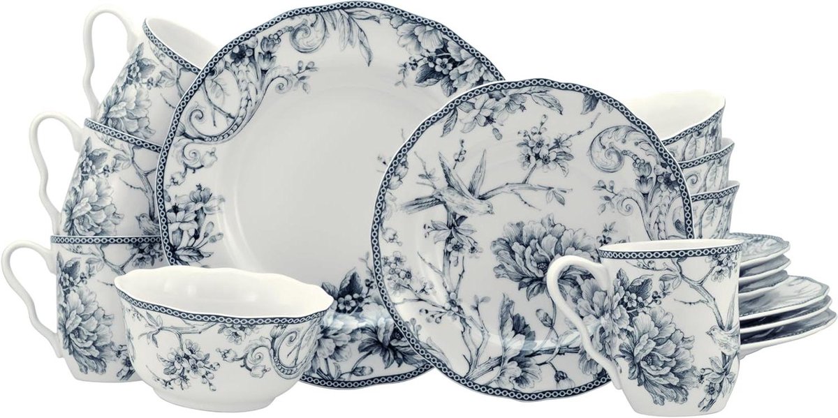 CreaTable, 24776, Serie Adelaide Blau, 16-delig servies voor 4 personen, combiservies van porselein, vaatwasser- en magnetronbestendig, kwaliteitsproductie