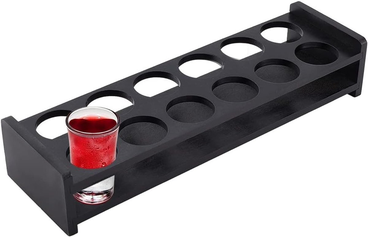 12 Shot Glass Houder van Bamboe - 3.8cm Gaten voor Shotglazen, Serveert Tray en Organiser voor Feesten en Bars, Zwart