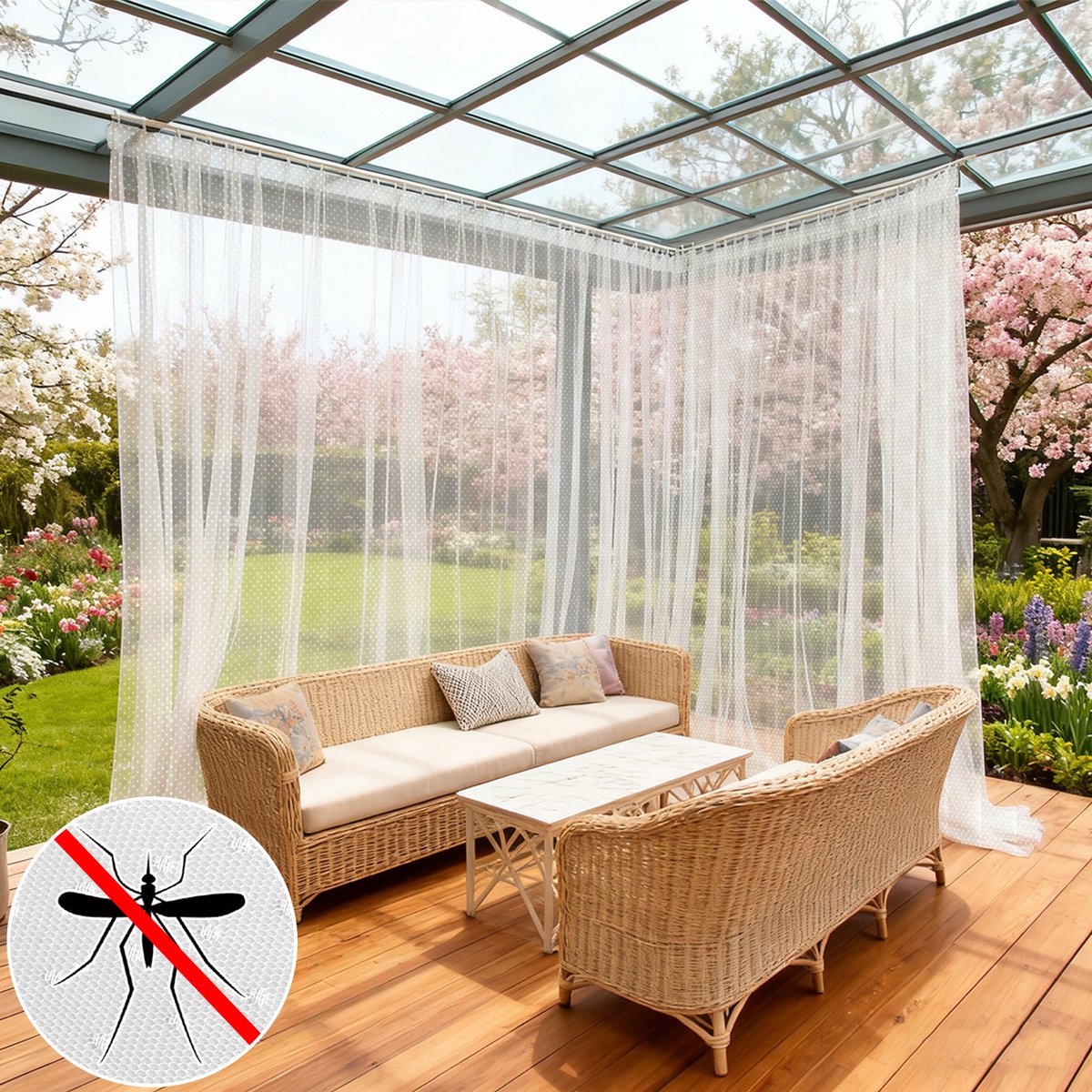 Qelus Buitengordijn Waterafstotend - Vitrage - Vliegengordijn met Tunnelzoom - Decoratief Anti-Muggennet met Polka Dots - Patio & Veranda - Wit - 1 Stuk - 155x305cm