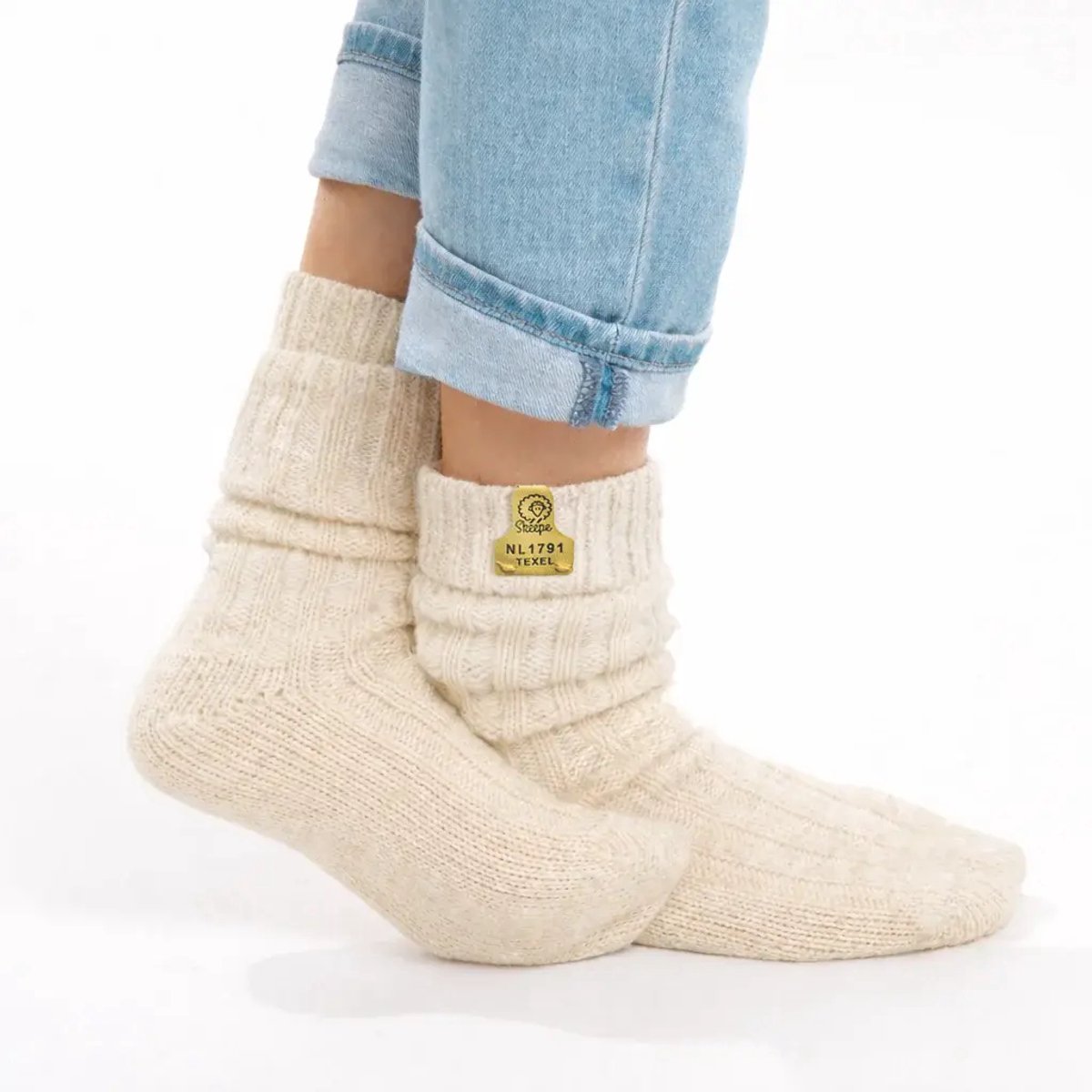 Skéépe – wollen sokken – Wit – Texelse wol – geel label