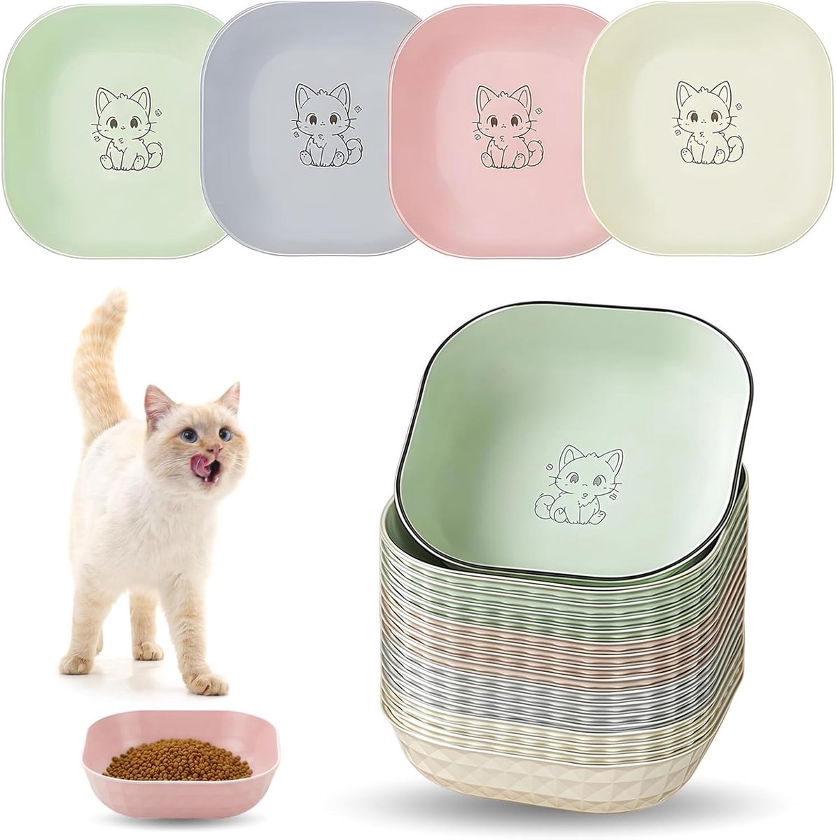 Kattenbak Set - Voerbak Kat - Voeding en Water - Antislip Bodem - 14.5cm Diameter - Mix Kleuren