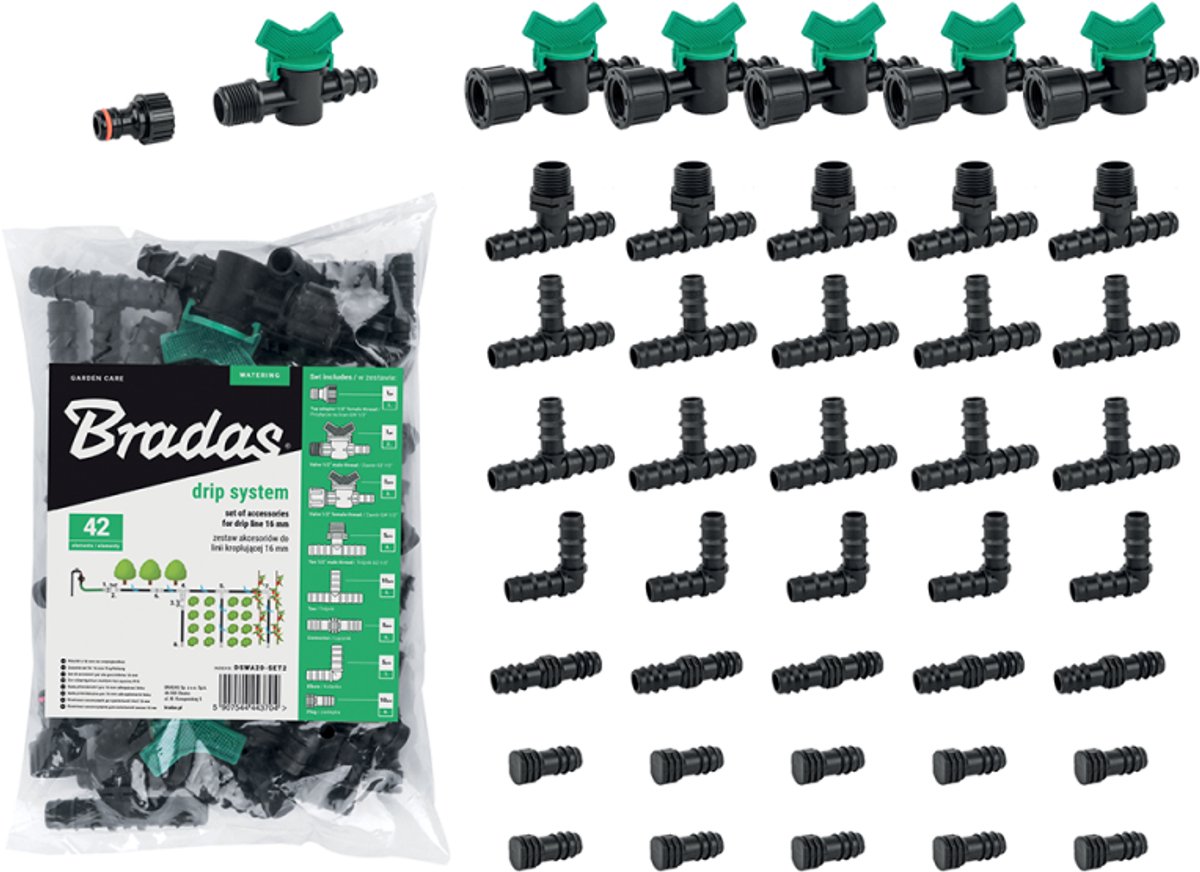 Bradas DSWA20-SET2 - Druppelirrigatieset - 42-delige Set - Voor 16mm Leidingen