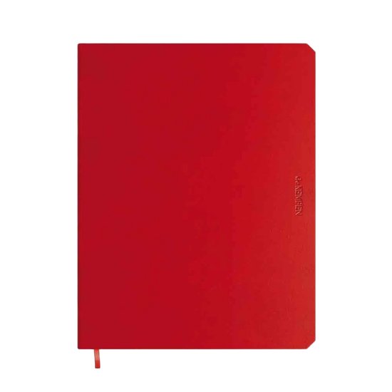 Carnet rouge 'DE KEMPEN' avec un logo discret sur la couverture et un marque-page rouge.