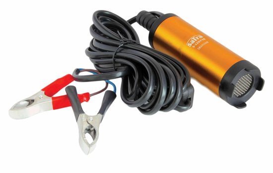 Gouden pomp met zwarte kabel, rode en zwarte accuklemmen.
