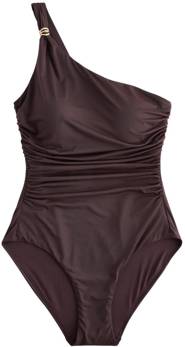 Next Dames - 1-schouder buikcorrigerend badpak met metalen details en rimpels - Bruin Chocolate Brown