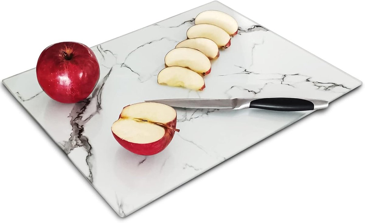 Glazen Snijplank - Keukenmat Decoratief - Keukenwerk - Gehard Glas - 40x30 cm - Wit Marmer