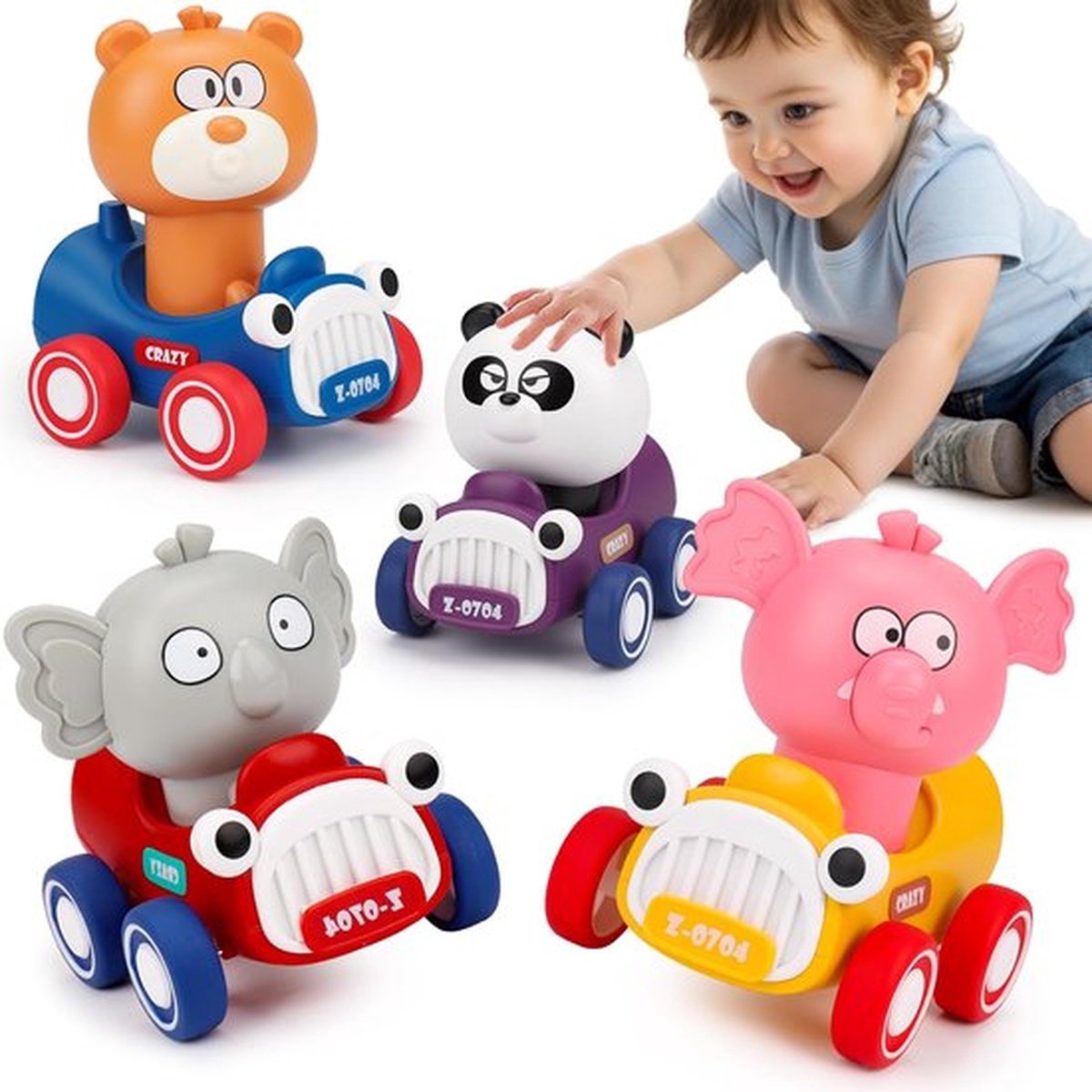 Druk en ga speelgoedauto's voor peuters van 1-3 jaar. Duw en ga met dierenraceauto's. Babyauto's. Speelgoed voor baby's van 6-12-18 maanden. Speelgoed voor jongens en meisjes van 1 jaar. Cadeaus voor de eerste verjaardag.