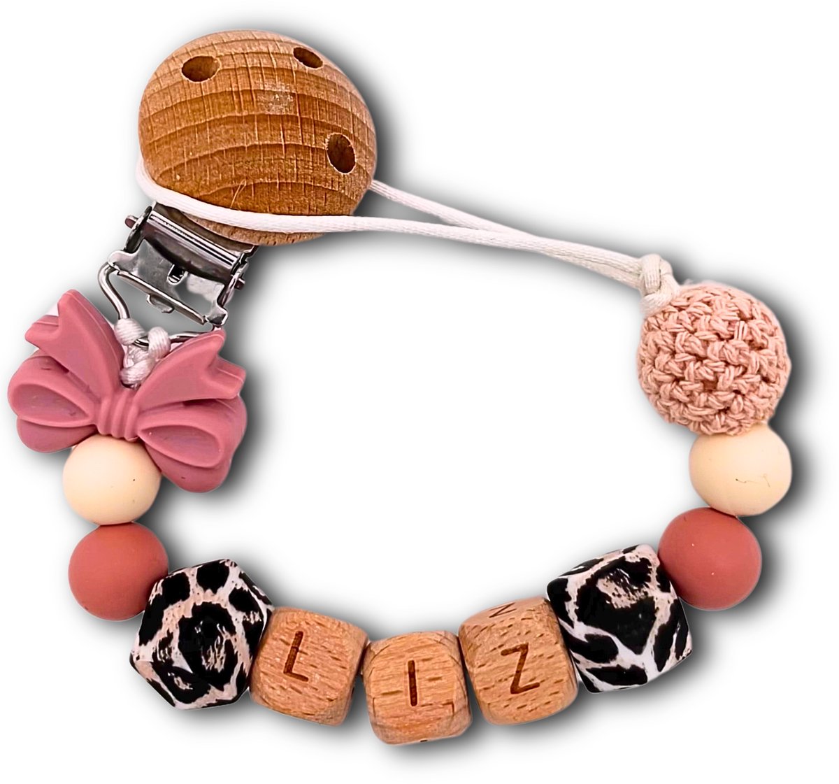 Speenkoord met naam - Roze Strik en Panter thema | Personaliseer - Kraamcadeau - Speenketting - Babycadeau - Babyshower