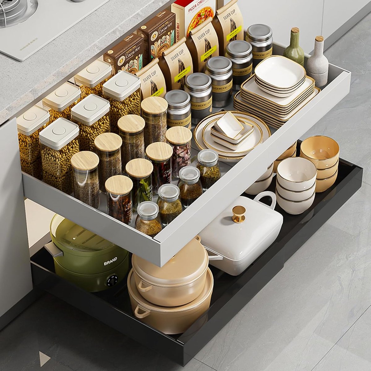 Kast organizer - Lade systeem - Keuken opruimen - Zonder boren verstelbaar - 42x32x6 cm - Grijs