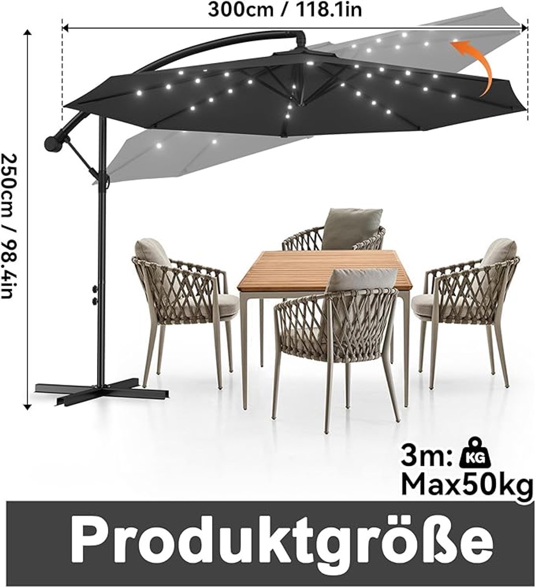 Parasol met LED verlichting 300x200 cm – Bellavero Luxe Tuinparasol met Solar LED, Kantelbaar & Kurbelsysteem – UV Bescherming – Stalen Mast – Terras, Balkon & Strandscherm – Antraciet – Bellavero