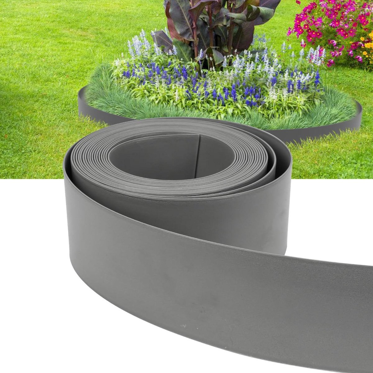 Randaco Grass Edge, Plastic, Flexible Cutting Side, Border Edge, Grey, 20 m/12.5 cm, for Bends Flower Bed, Border, Invisible Lawn and Flower Bed Edge, Made of Sturdy Plastic