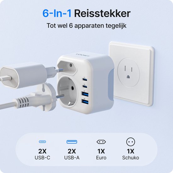 Voomy 6-in-1 reisstekker met 2 USB-C, 2 USB-A, 1 Euro en 1 Schuko stopcontact.